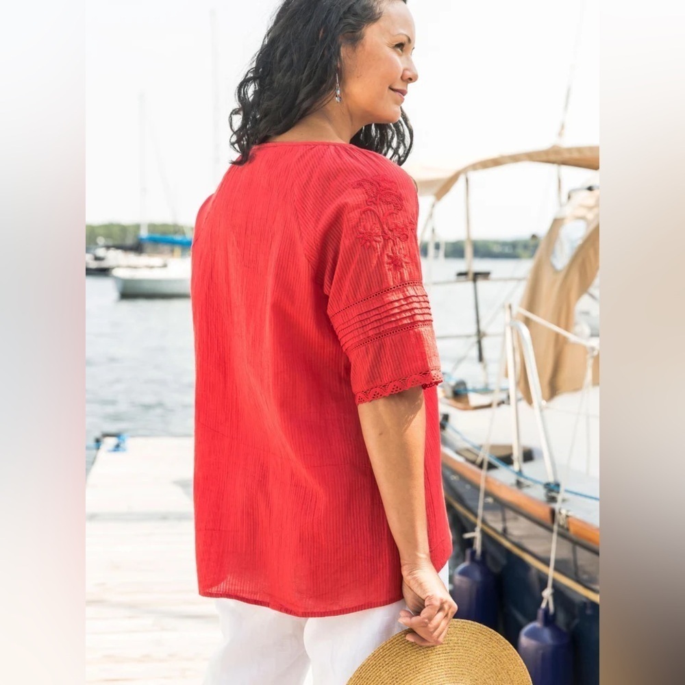 April Cornell Poppy Embroidered Tassel Short Sleeve buttoned Down Blouse… - Picture 3 of 13